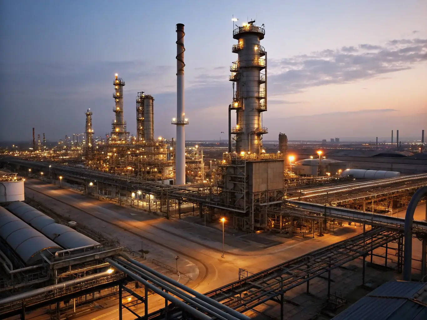 An image of the KAZOK PETROLEUM refinery at dusk, showcasing its modern infrastructure with illuminated pipelines and storage tanks, emphasizing safety and technological advancement.
