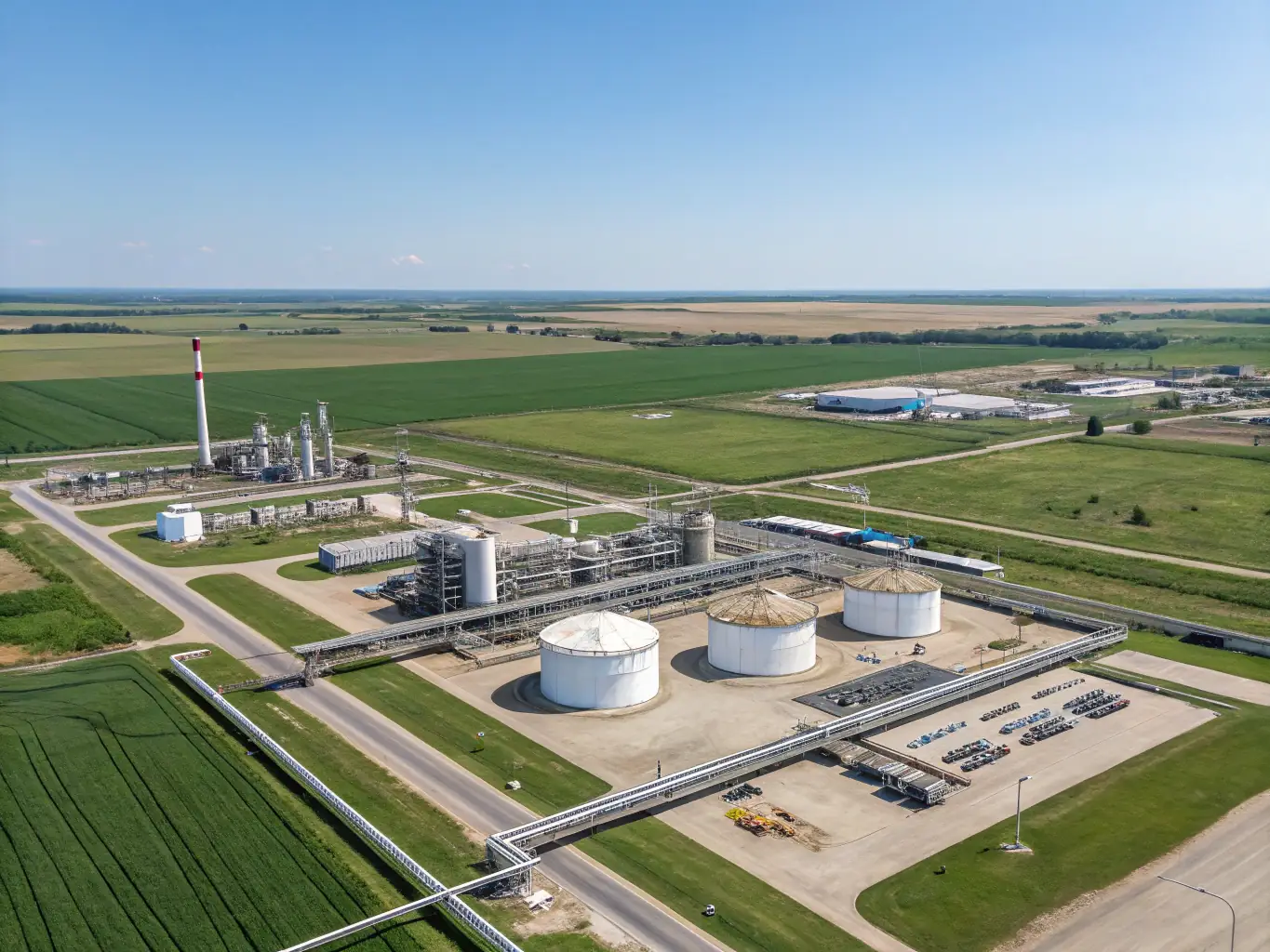 An aerial view of the KAZOK PETROLEUM refinery, showcasing its vast scale and integration with the surrounding landscape, emphasizing its role in regional energy supply.